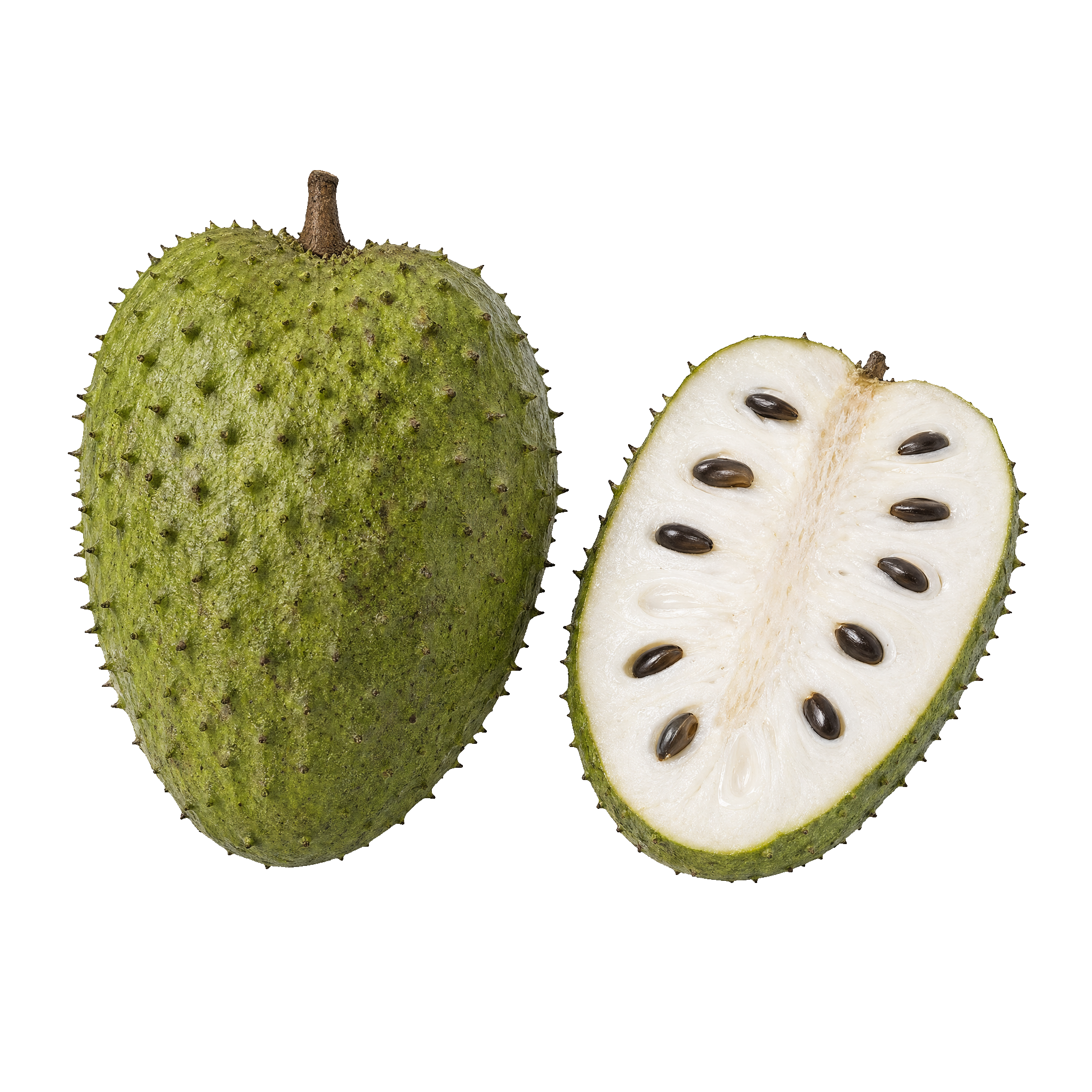 Soursop fruit, whole and cut in half