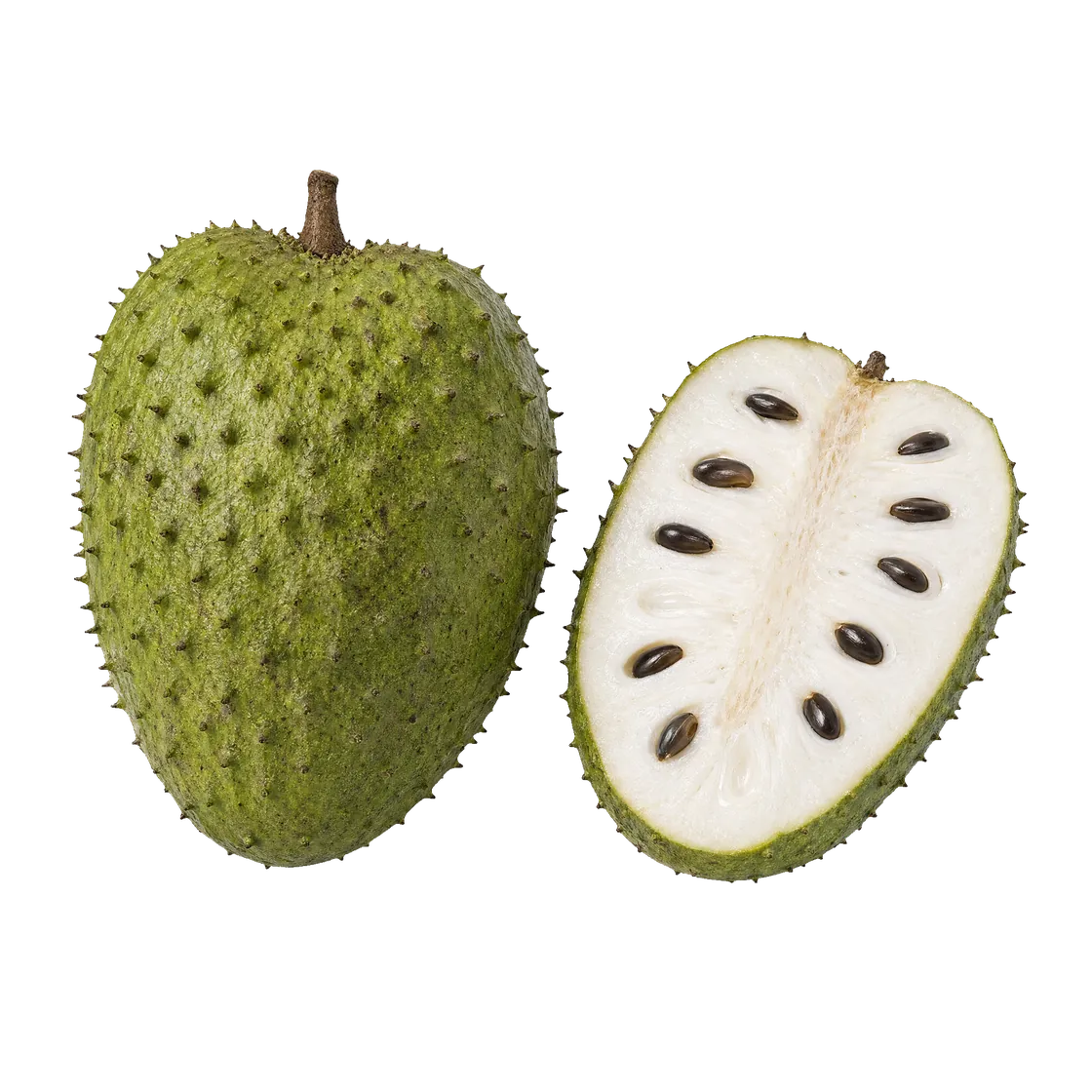 Soursop fruit, whole and cut in half